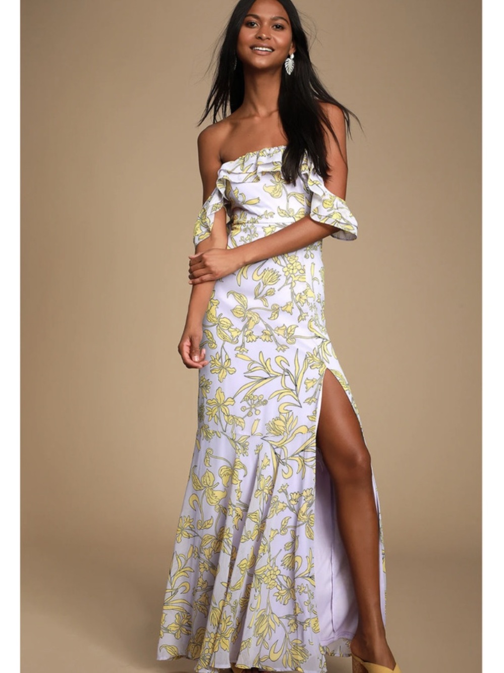 Lulu's Lavender Off-Shoulder Floral Maxi Dress with Yellow Print
